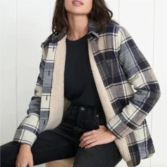 JENNI KAYNE Farmhouse Shearling Lined Chore Jacket Wool Navy Plaid Heritage - Picture 1 of 7